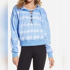 FP Movement Free People Blue Tie Dye Pullover Hoodie Sweatshirt Tie Neck Sz S M